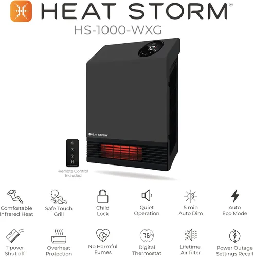 Vista 7 de Heat Storm - Calentador infrarrojo de pared HS-1000-WX para interiores, ahorrador de espacio, 1000 vatios, con control remoto, rejilla segura al Gris