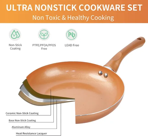 Vista 6 de M MELENTA Juego de ollas y sartenes ultra antiadherentes, preinstalados 11 piezas de utensilios de cocina de cobre con revestimiento de cerámica