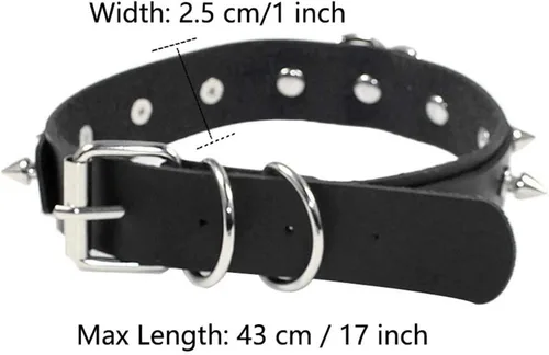 Vista 3 de Daimay Gargantilla gótica de cuero con círculo, collar de PU punk rock, tamaño ajustable con cadena de tracción, color negro con remache, Metal