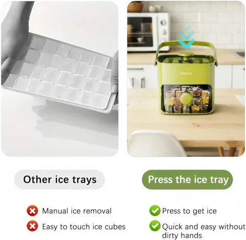 Vista 7 de Bandeja compacta para cubitos de hielo con tapa y contenedor, mini máquina de cubitos de hielo tipo prensa para congelador, cubo de hielo pequeño
