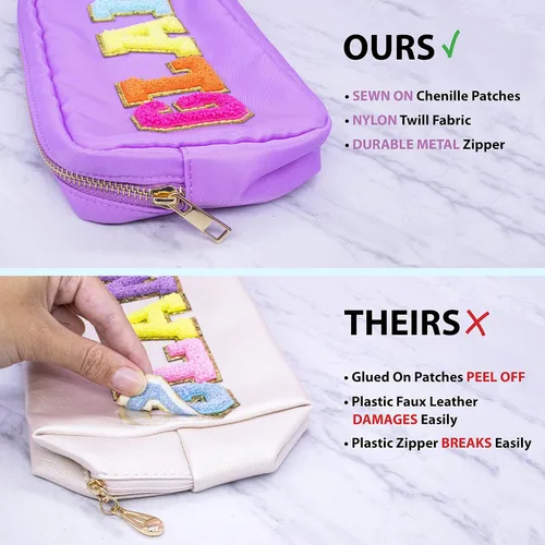 Vista 5 de Fablinks Bolsa de cosméticos de nylon rosa con parches de letras de chenilla