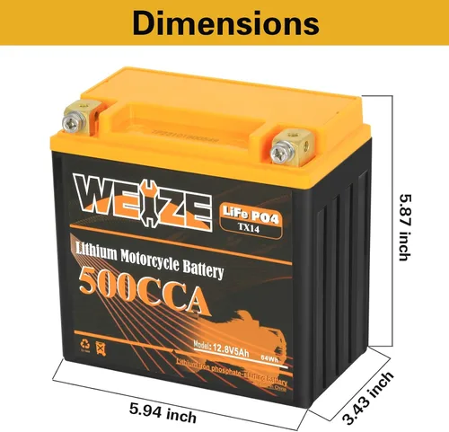Vista 2 de Weize Batería de litio YTX14-BS, grupo 14, 500A LiFePO4 para motocicleta, 12V 5AH ATV, UTV, moto acuática, 4 ruedas, motos de nieve, embarcaciones