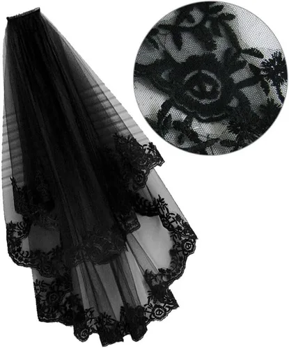 Vista 3 de SAFIGLE Velo de novia velo de encaje negro, velo negro de Halloween, velo de novia negro, velo largo negro, disfraz de doble capa Zombie novia velo