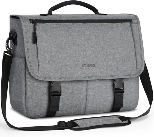Vista 8 de RAINSMORE Bolsa de mensajero para hombre, bolsa de mensajero de 15.6 pulgadas, resistente al agua, bolsa casual para hombre, bolsa grande para Negro
