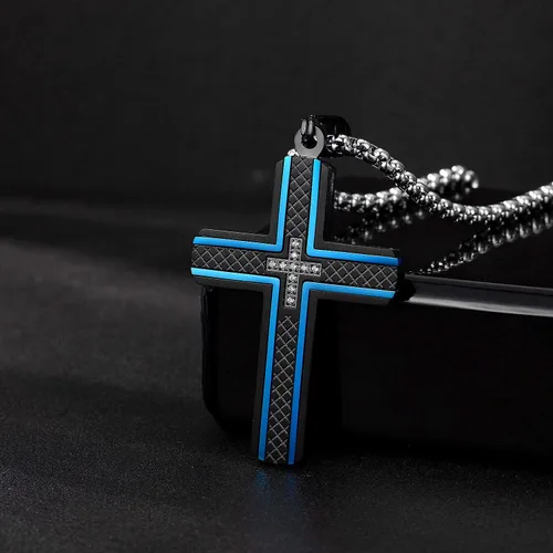 Vista 3 de Holizaly Collar de cruz para hombre, colgante de acero inoxidable 316L, color blanco, dorado, negro, azul, caja de regalo incluida