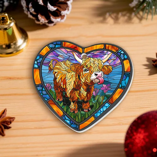 Vista 6 de 1 pieza Adorno de vaca de tierras altas de cerámica con 2 lados impresos 2025, Adorno de árbol de Navidad con forma de corazón, lindo recuerdo