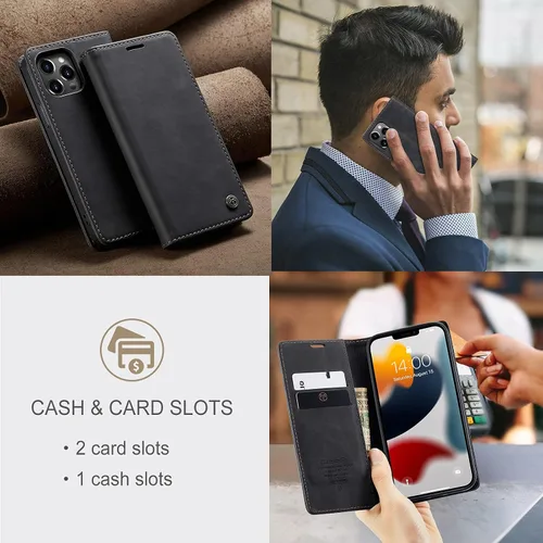 Vista 6 de SINIANL Funda de cuero para iPhone 13 Pro, cartera para iPhone 13 Pro, funda plegable con tapa y función atril magnética, funda protectora Negro