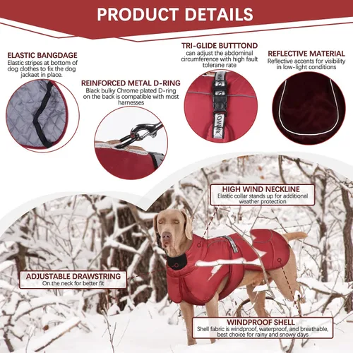 Vista 2 de ROZKITCH Abrigo extra cálido para perro, chaqueta reflectante ajustable para perro, abrigo de invierno con hebilla, forro polar de cuello alto