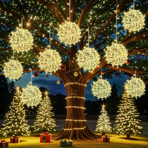 Vista 9 de Luces de Bolas de Navidad para Exteriores, Luces de Árbol Impermeables, Paquete de 4 Luces LED Colgantes de Globo Esfera de 7.87" con 8 Modos