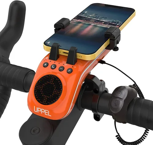 Vista 8 de UPPEL Altavoz Bluetooth para bicicleta, soporte multifuncional para teléfono de bicicleta 10 en 1, luz LED, bocina de bicicleta, micrófono, ideal