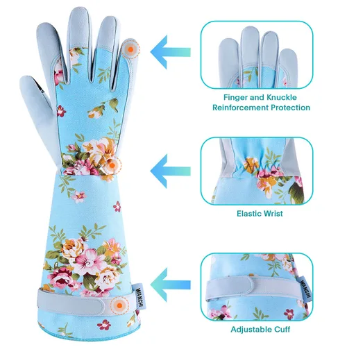 Vista 3 de WANCHI Guantes de jardín de manga extendida para mujer, guantes de jardinería de agarre suave, ligeros y cómodos para plantar, paisajismo y tareas