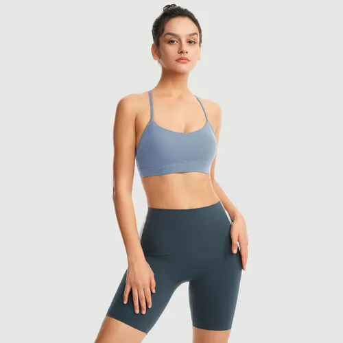 Vista 5 de Sujetadores deportivos acolchados para mujer, brasier deportivo sexy de línea larga entrecruzada, brasier deportivo de soporte medio con tirantes