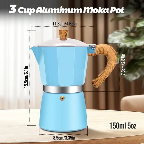 Vista 2 de Cafetera clásica de aluminio para 3 tazas, cafetera espresso de 5.1 fl oz, 5 onzas, cafetera de moca, olla greca, cafetera para café italiano y Azul