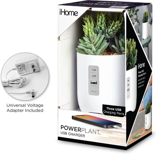 Vista 6 de iHome PowerPlant - Estación de carga, suculentas falsas con estación de carga USB para iPhone, Android y más, color blanco (iPP45)