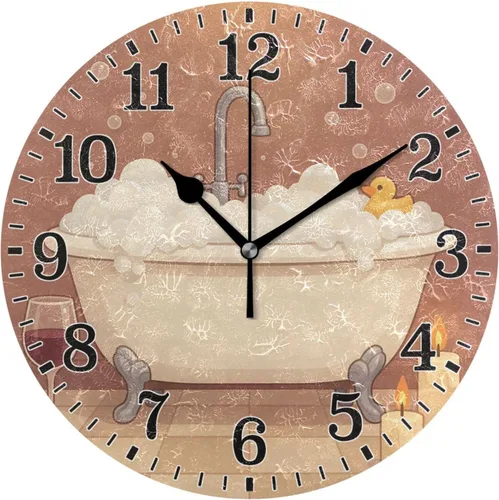 Vista 55 de JUNZAN Reloj de bañera con vino romántico espumoso y velas, reloj de pared silencioso de 10 pulgadas, pequeño reloj redondo, decoración de cocina