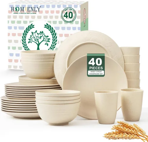 Vista 12 de Homienly Juegos de Vajilla Premium de Paja de Trigo, Platos y Tazones Ligeros e Irrompibles, Tazas, Servicio para 4, Apto para Lavavajillas