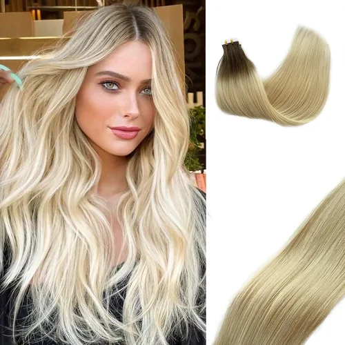 Vista 8 de Extensiones adhesivas rubias de cabello humano brasileño grado 9A, #60 rubio platino, cinta en 12 pulgadas, 20 unidades por juego, extensiones