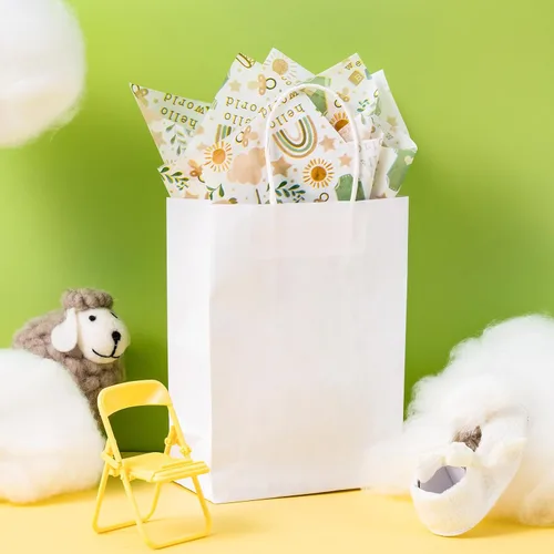 Vista 5 de LeZakaa 60 hojas de papel de seda para baby shower con 30 calcomanías de regalo, papel de seda para bebé niño niña a granel, diseño de arcoíris