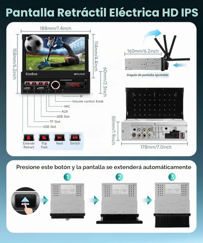 Vista 2 de [Motorizado] Estéreo de coche de un solo DIN con Carplay inalámbrico Android Auto, pantalla táctil motorizada de 7 pulgadas, radio de coche