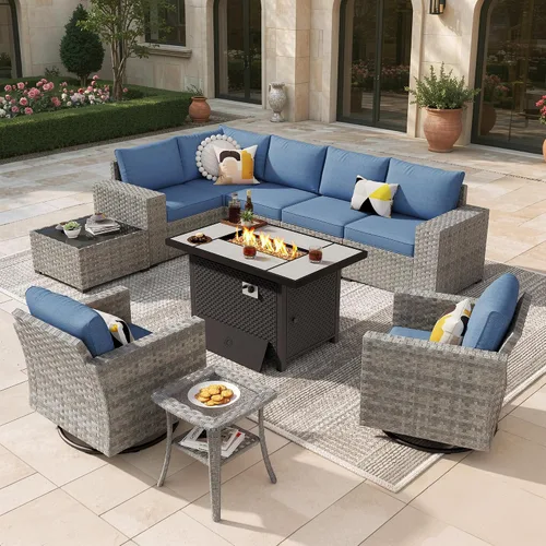 Vista 9 de Juego de muebles de patio de 6 piezas, sofá modular de mimbre para exteriores con mesa auxiliar, cómodos cojines, moderno sofá modular de ratán