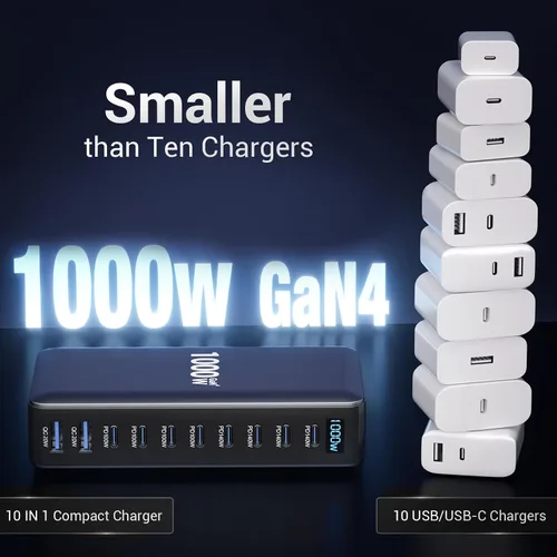 Vista 5 de Estación de carga USB C de 1000 W, cargador de escritorio GaN de 10 puertos, estación de carga rápida para múltiples dispositivos con puertos USB C
