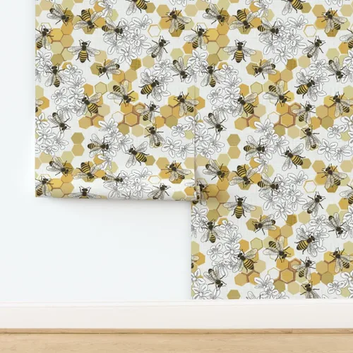 Vista 4 de Spoonflower Muestro de papel tapiz extraíble - Abejas de miel Especies en peligro de extinción Animales Flores de abeja Panal Insectos blancos Papel