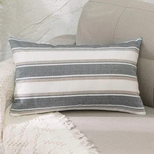 Vista 24 de Funda de almohada a rayas de lino sintético suave cuadrada decorativa con cremallera oculta para sofá, auto o dormitorio 12" x 12" Negro y blanco