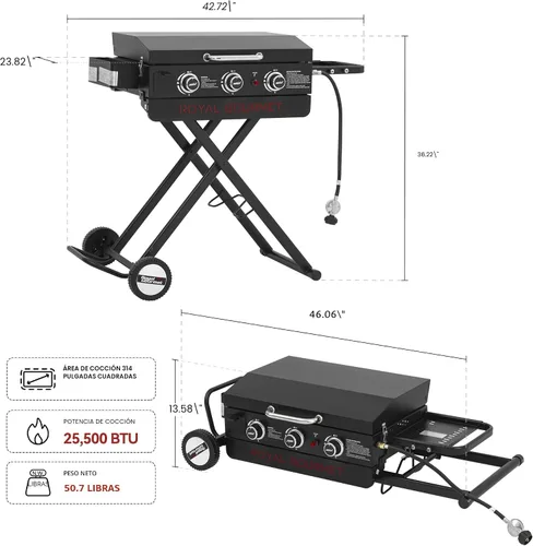 Vista 3 de Royal Gourmet PD3001 - Parrilla de gas propano de 3 quemadores con soporte plegable, parrilla portátil de 23 pulgadas con mesa auxiliar y área