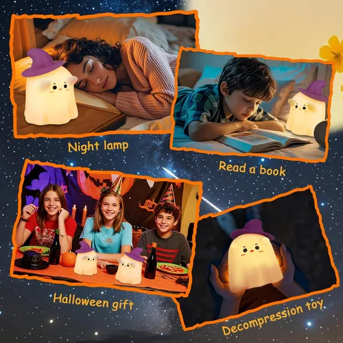 Vista 3 de Luz nocturna fantasma, luz nocturna de Halloween con temporizador, lámpara táctil suave y exprimible, lámpara recargable y regulable