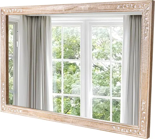 Vista 15 de Espejo de pared, espejo de tocador con marco de madera maciza, espejo de pared decorativo de granja para baño, dormitorio, sala de estar y entrada