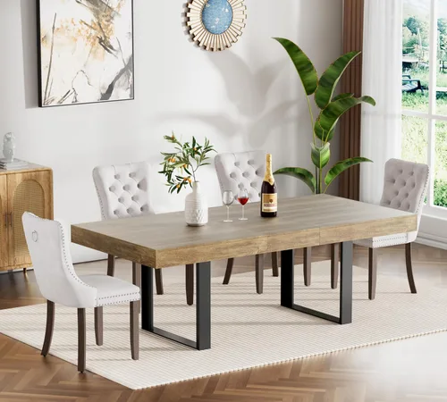 Vista 2 de Juego de mesa de comedor extensible marrón de 63 a 78.74 pulgadas para 4, juego de mesa de comedor de 5 piezas con 4 sillas tapizadas, mesa