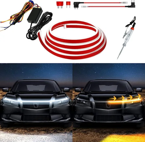 Vista 10 de Tira de luz LED para el exterior del capó del coche, kit de haz de arranque de escaneo dinámico de doble color, luces LED de circulación diurna