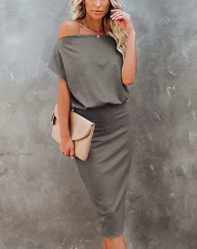 Vista 2 de Ezbelle - Vestido por debajo de la rodilla ajustado al cuerpo para mujer, con hombro descubierto y manga corta, vestido acanalado informal