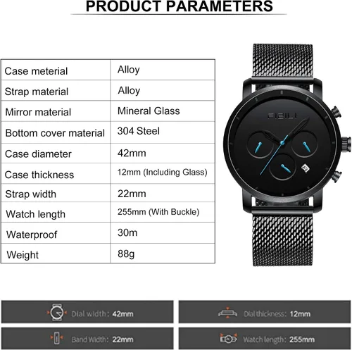 Vista 4 de Reloj de pulsera minimalista de moda para hombre, impermeable, relojes simples ultra finos