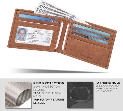Vista 9 de Cartera delgada de cuero para hombre, bloqueo RFID, bolsillo frontal minimalista, delgada y elegante con ventana de identificación, regalo