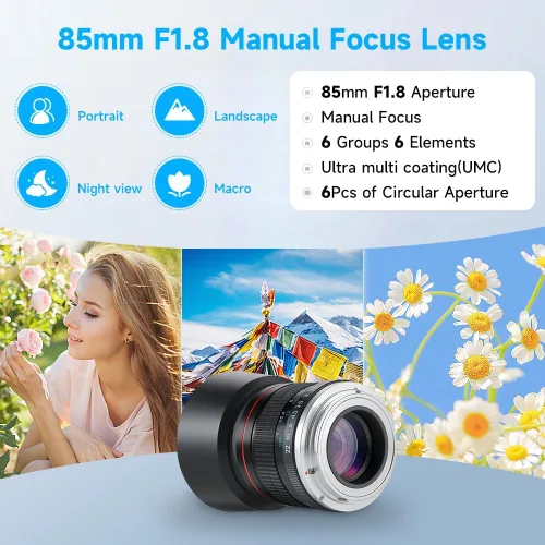 Vista 5 de JINTU 85mm f1,8 Lente de Cámara Manual Fija Prime para Nikon SLR D5600 D3200 D610 D750 D780 D810 D850 D3300 D3500 D5100 D5200 D5300 D7100 D7200 D90
