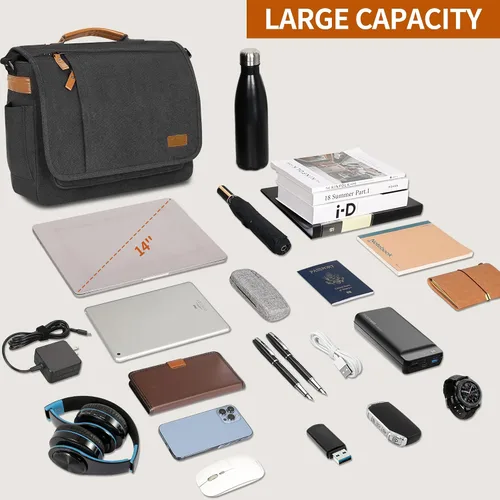Vista 4 de ESTARER Bolsa de mensajero para laptop de 13 a 14 pulgadas, resistente al agua, bolsa de hombro de lona para universidad de negocios, gris