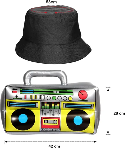 Vista 2 de 8 Piezas Hip Hop Traje Kit Inflable Boom Box Negro Cubo Sombrero Gafas De Sol Cadena Oro 80s90s Rapero Accesorios