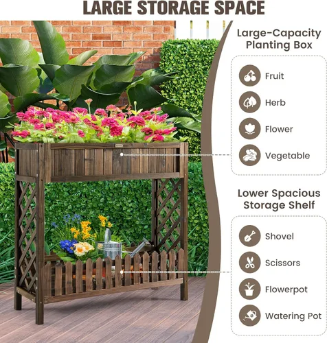 Vista 7 de S AFSTAR Cama de jardín elevada de 2 niveles, cama de flores para interiores y exteriores con valla de estante inferior, caja elevada de madera