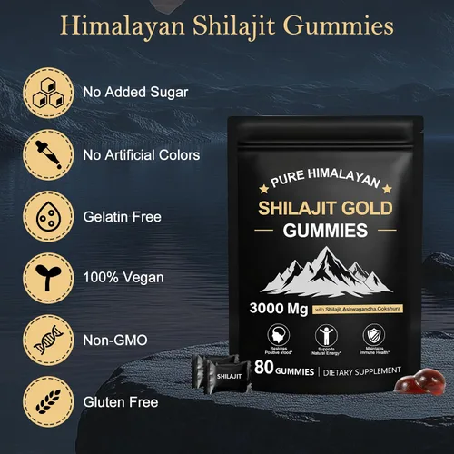 Vista 6 de Gomitas Shilajit para hombres y mujeres, gomitas naturales de Shilajit del Himalaya ricas en Ashwagandha, Gokshura con más de 85 minerales, sin OMG