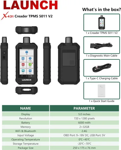 Vista 8 de LAUNCH X431 Creader TPMS 5011 V2 Sensor de monitoreo de presión de neumáticos escáner de servicio compatible con todos los sensores de 315/433MHz