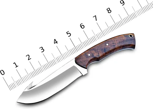 Vista 3 de Cuchillo de gancho de acero D2 hecho a mano - Hoja fija de espiga completa con mango de madera y funda de cuero - Cuchillo afilado para desollar
