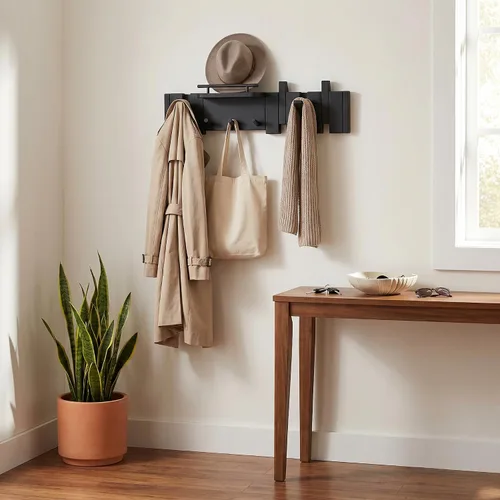 Vista 6 de Gancho plegable de nogal moderno de mediados de siglo con estante, ganchos de madera resistentes para toallas ocultos para baño, estante de pared