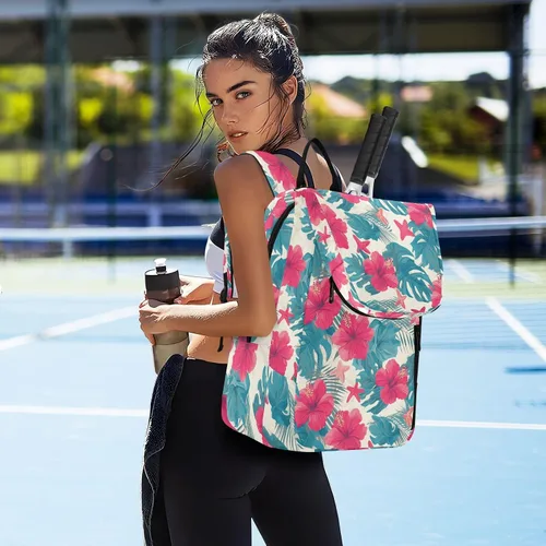 Vista 7 de Mochila de tenis para adultos, gran almacenamiento, hojas tropicales, flores de hibisco rojo, estrellas de mar, estilo hawaiano, bolsa de raqueta