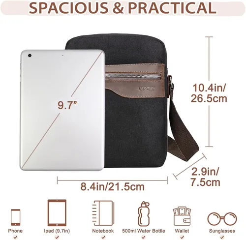 Vista 3 de VASCHY Bolsa de mensajero pequeña, bolso cruzado de lona de cuero vintage para hombres y mujeres para trabajoviajes
