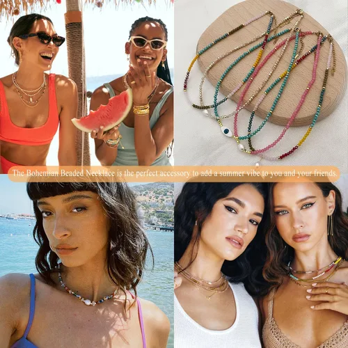 Vista 6 de Collares de cuentas de colores para mujer, collar de cuentas de cristal, collares de playa, collares bohemios para mujer, gargantilla de cuentas