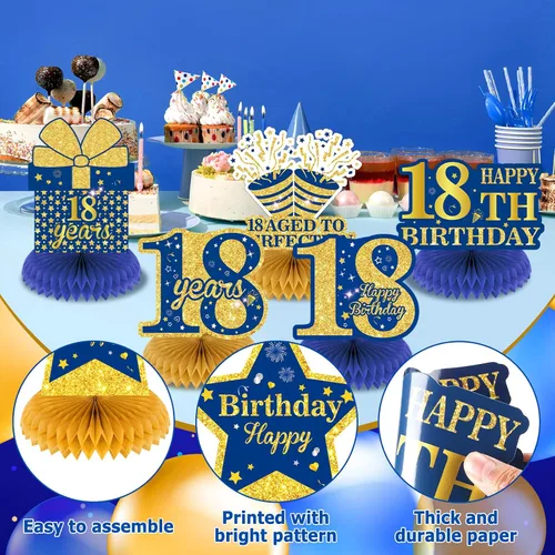 Vista 3 de 9 piezas de decoración de cumpleaños azul marino dorado 18 centros de mesa de panal para decoración de mesa, decoraciones de feliz cumpleaños 18