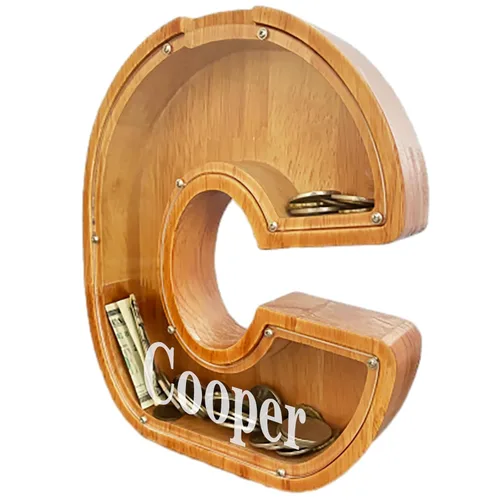 Vista 2 de Alcancía de madera grande personalizada, banco de monedas, alcancía personalizada con nombre personalizado, se puede utilizar como regalo