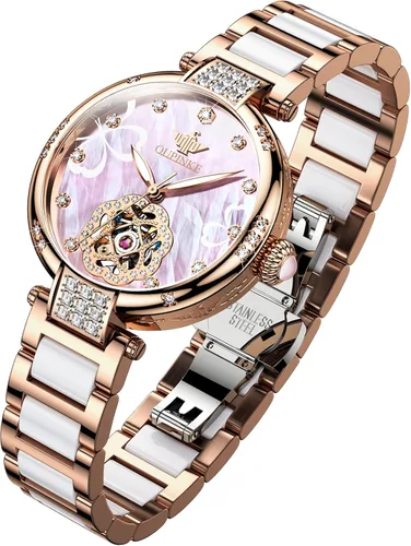 Vista 11 de OUPINKE Relojes automáticos para mujer, con diamantes elegantes, de vestir, de esqueleto, mecánico, cuerda automática, impermeable, luminoso