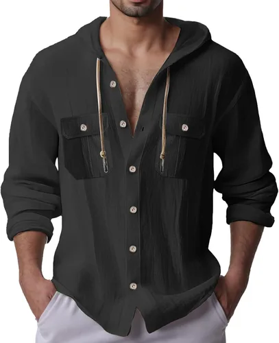 Vista 7 de Sudaderas con capucha de lino y algodón para hombre, camisas guayabera de manga larga con capucha con cordón y botones, camisas de playa